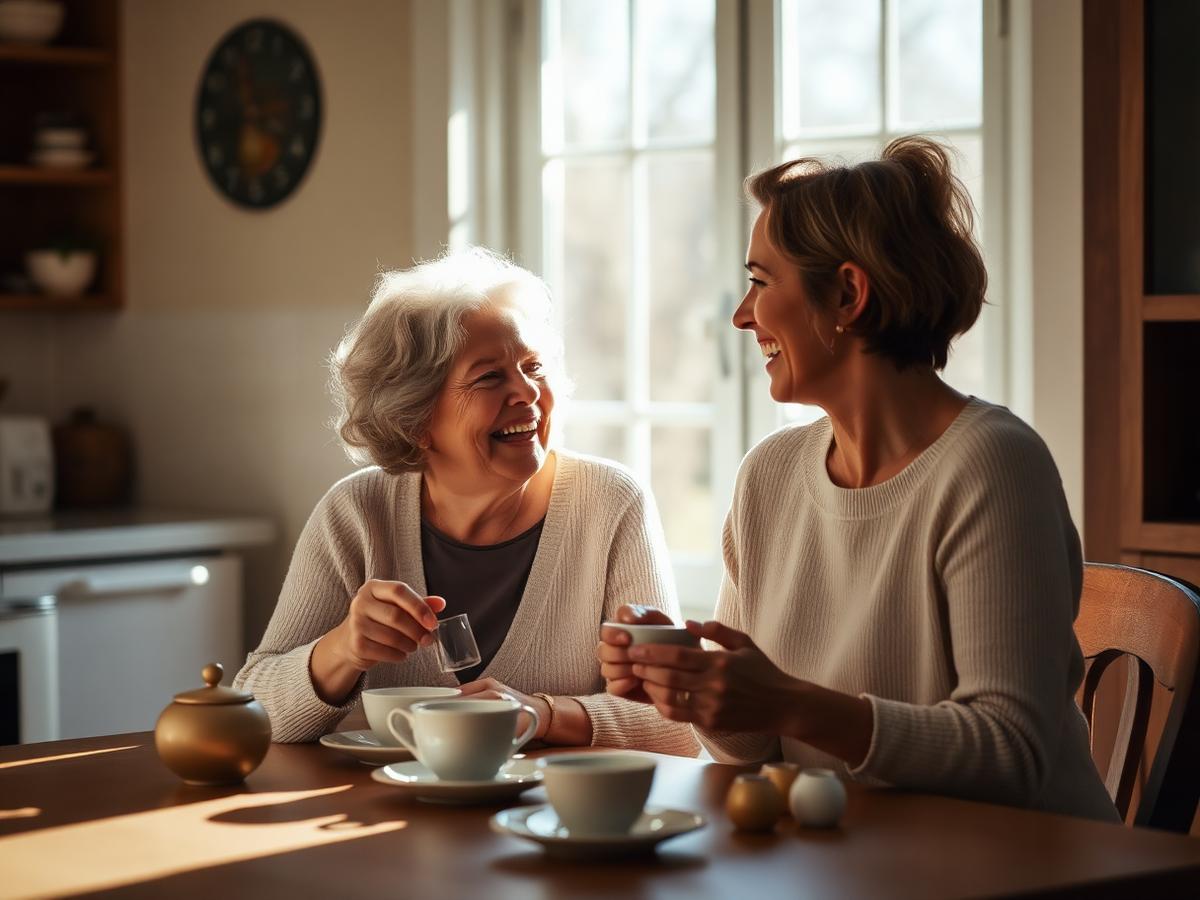 Two women laughing over tea at a sunlit kitchen table