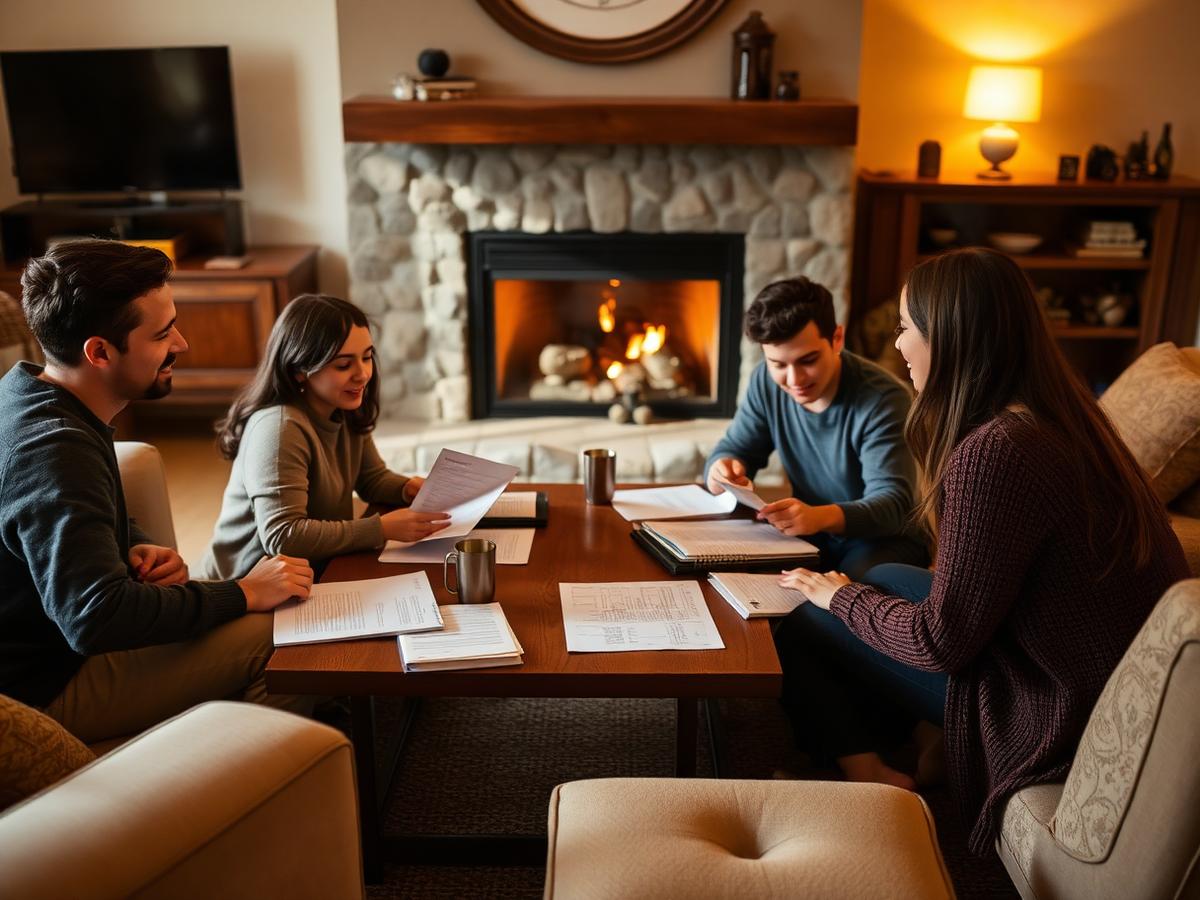 A family reviewing documents together around a living room table