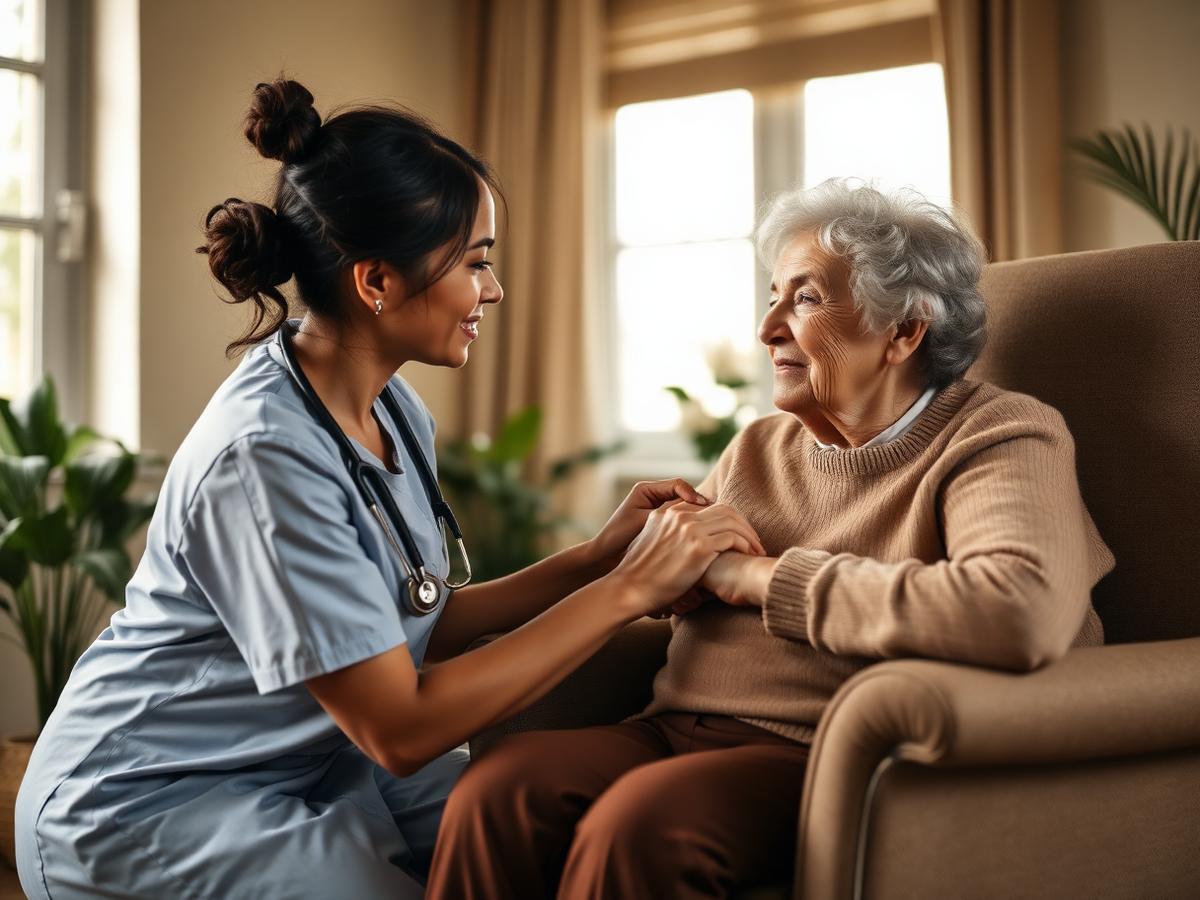 A nurse kneeling beside an elderly woman, holding her hands
