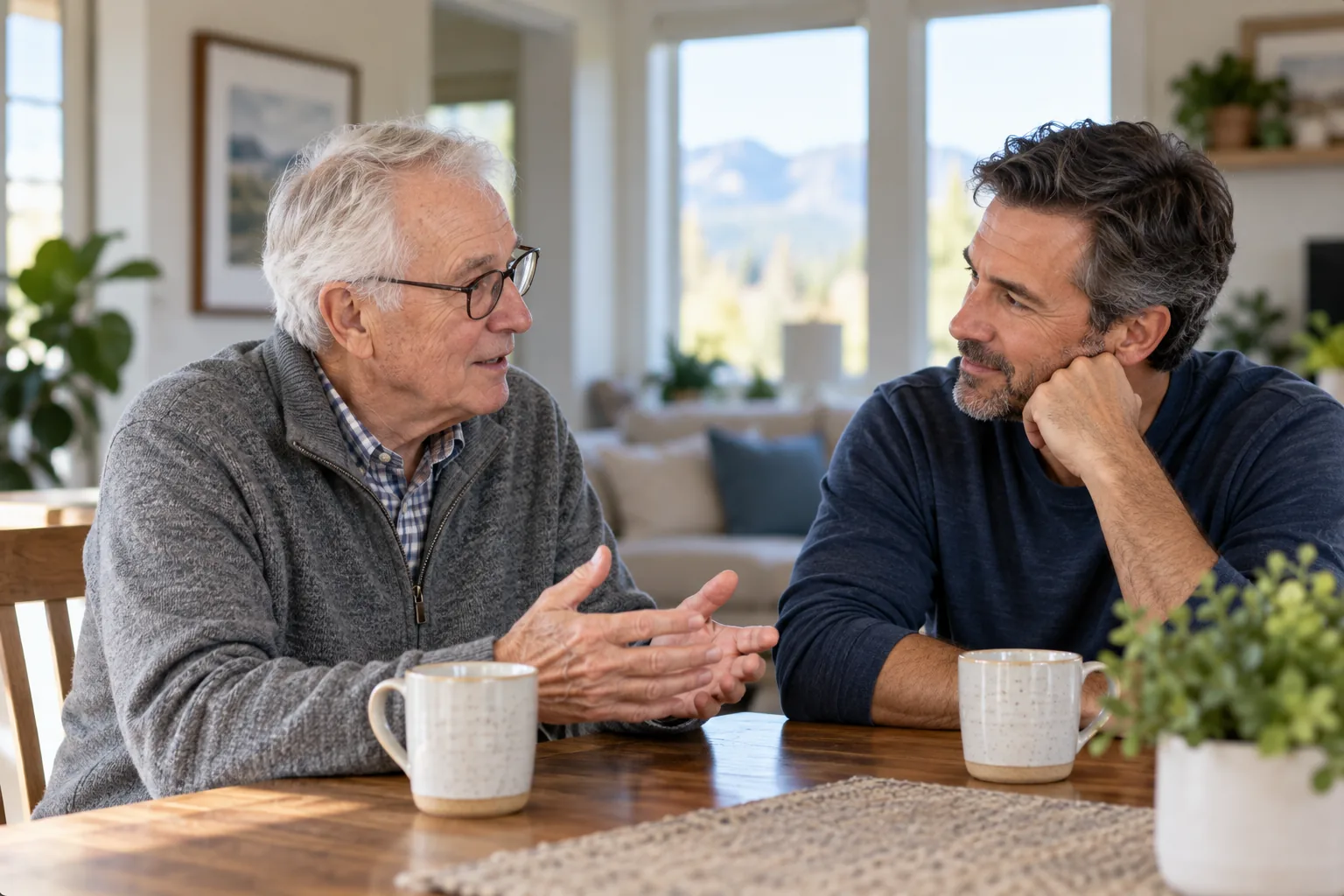 An older father and his adult son having a thoughtful conversation together at a table at home.