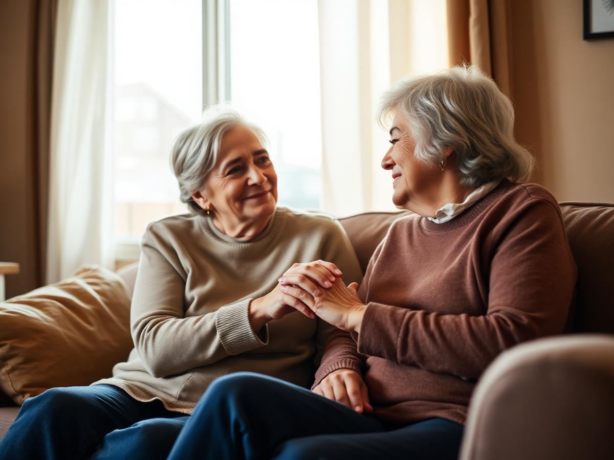 An adult daughter holding her mother's hands on a sunlit sofa