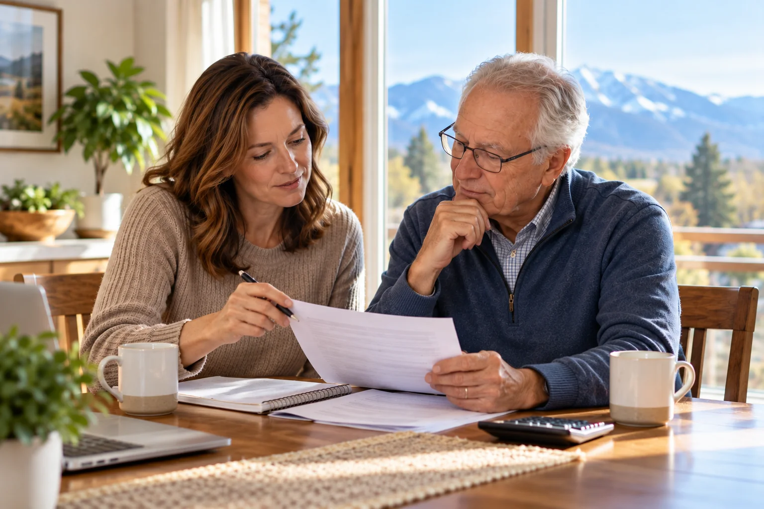 An older father and his adult daughter reviewing senior care costs together at a table at home.