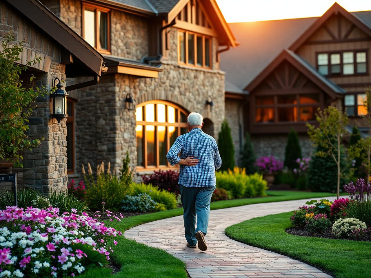 A senior living community with gardens at golden hour